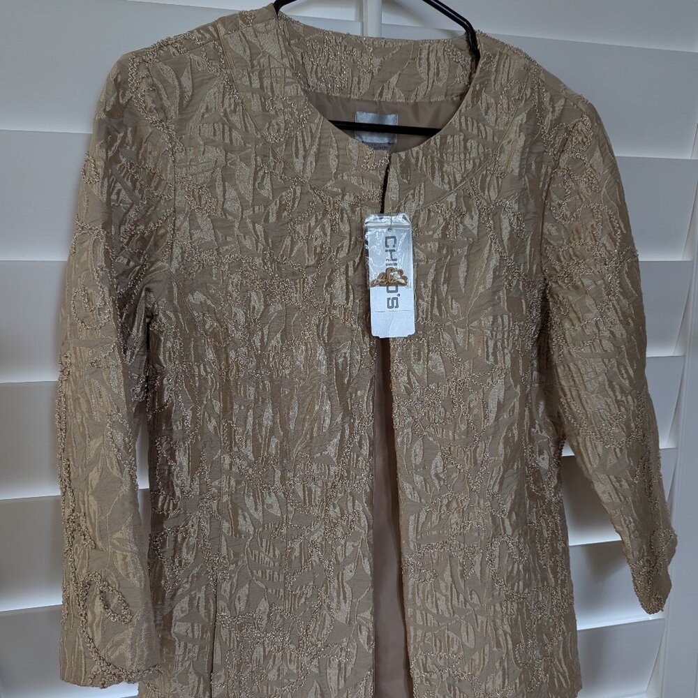 Chico's gold shimmer Jacket Light Coat Blazer embellished 3/4 slv Chico Sz 0 NEW